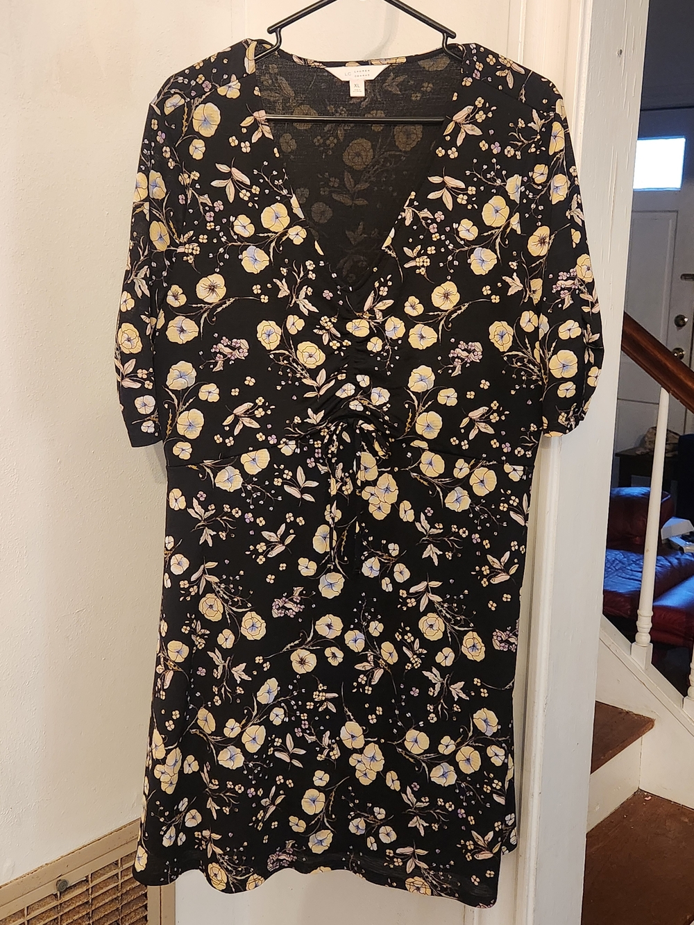 LC Lauren Conrad Black Midi Dress with Yellow and Light Pink Floral Print